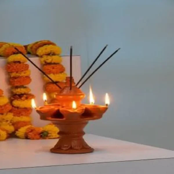 Terracotta Stand Panch Diya with Incense Stick Holder