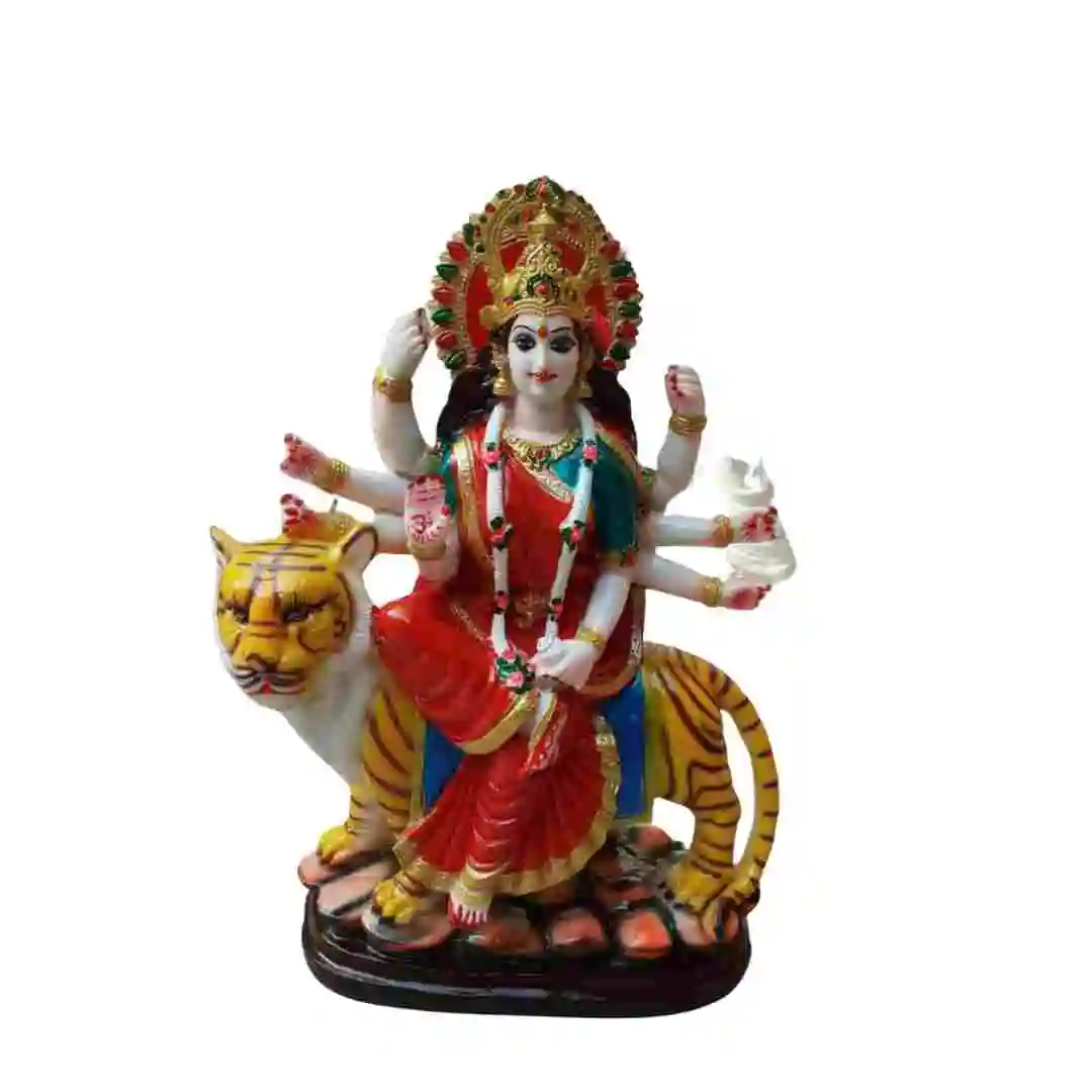 Multicolor Maa Sherawali Mata idol riding tiger made from marble dust