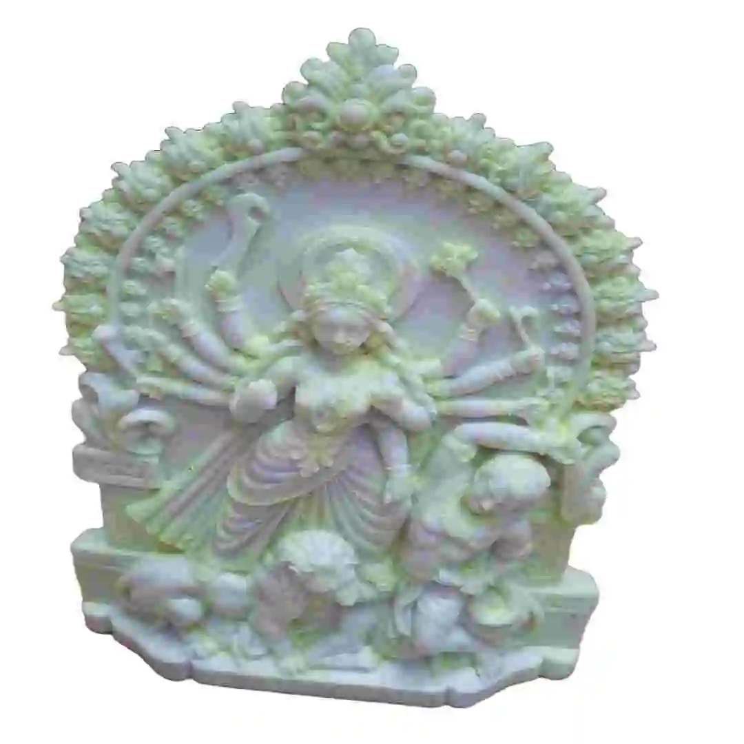 Elegant white marble dust Goddess Durga idol standing over Mahishasura