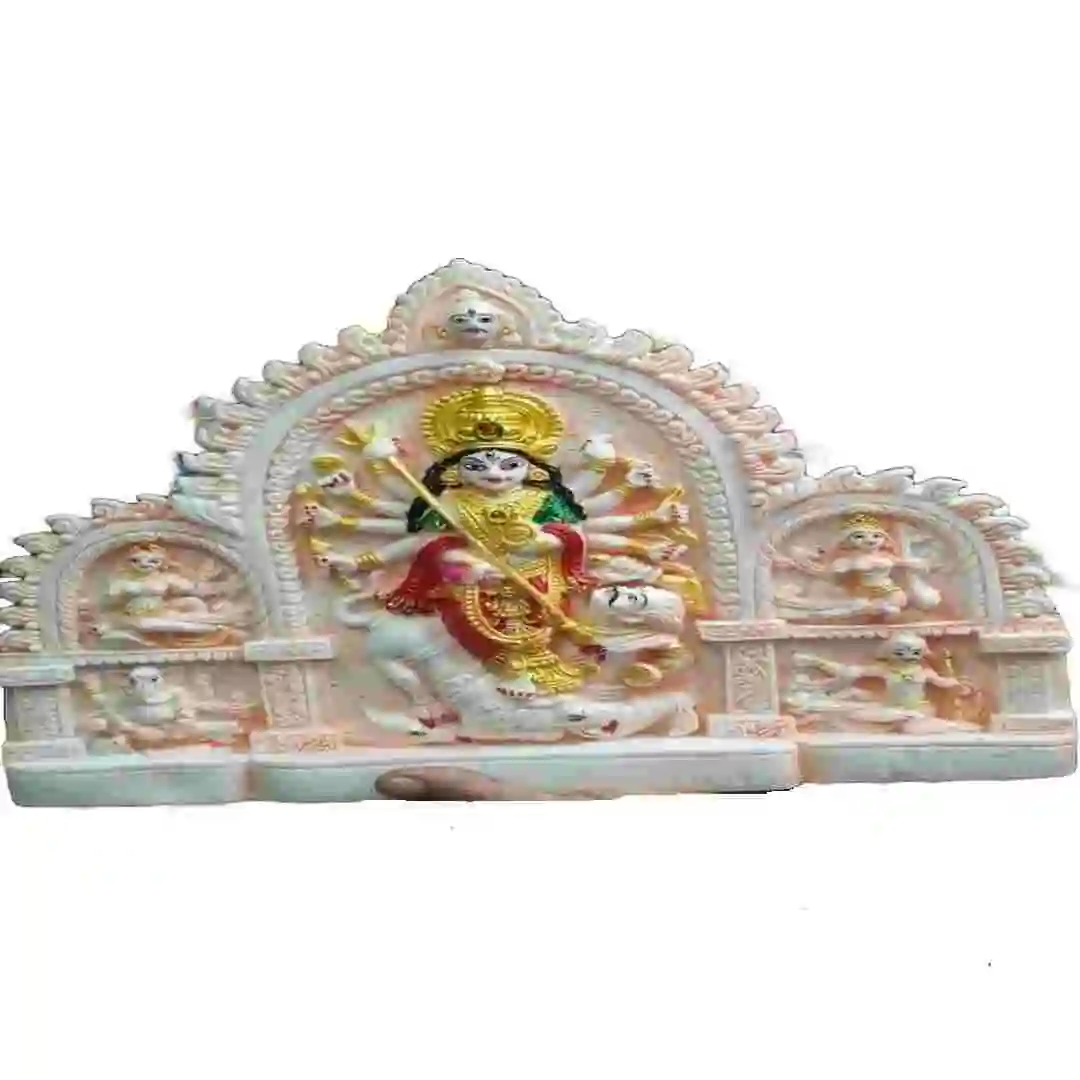 Temple-style marble dust Goddess Durga wall panel idol with traditional motifs