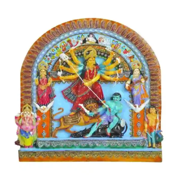 Vibrant Marble Dust Durga Mata Wall Idol with Mahishasura and Deities – Decorative Hindu Frame