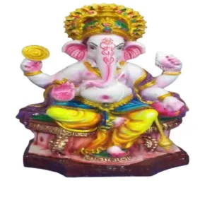 Big seated Ganesh idol with modak and crown – multicolor marble dust Ganpati murti for home entrance and decor