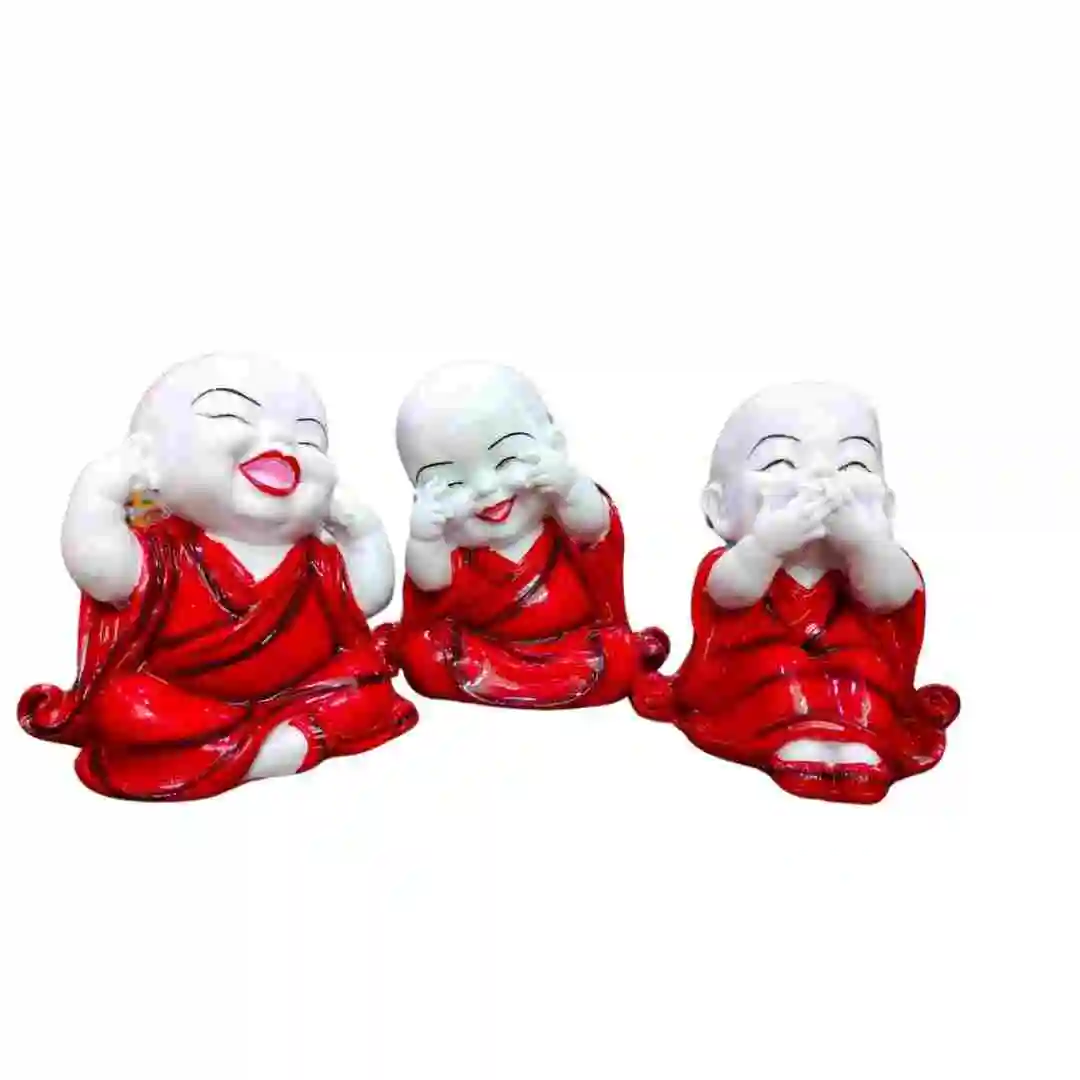 Red Robe Laughing Buddha Monk Trio – See No Evil, Hear No Evil, Speak No Evil Marble Dust Statue Set