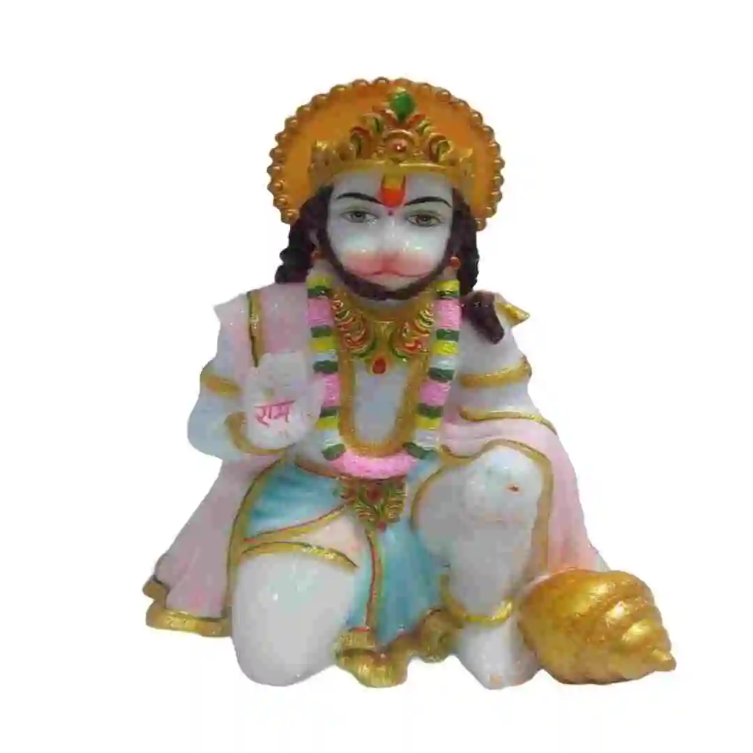 Kneeling Hanuman Ji murti made of marble dust with “राम” on palm – ideal for home temple and spiritual decor