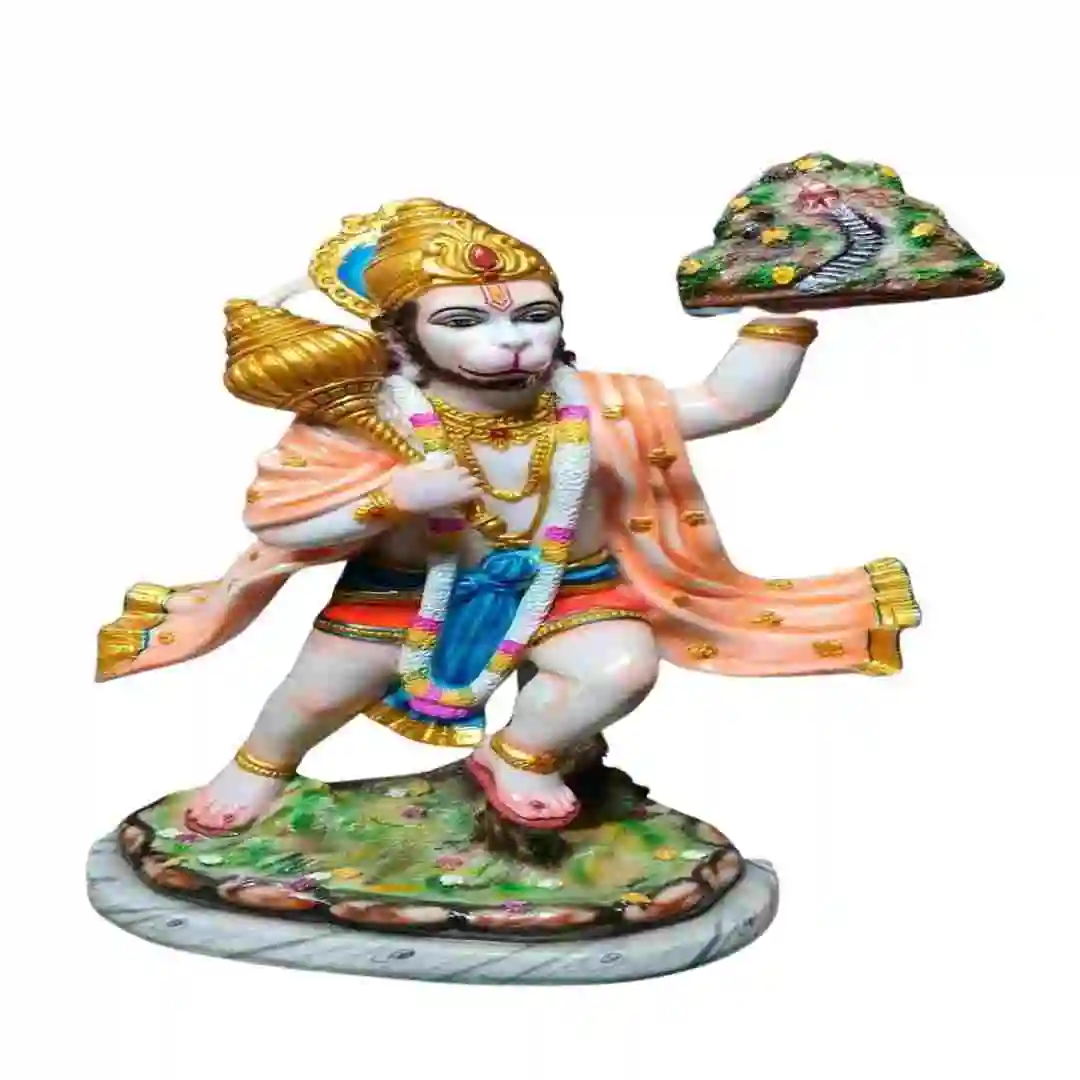 Hanuman Ji Idol Holding Sanjeevani Mountain – Marble Dust Bajrangbali Murti for Puja and Home Temple