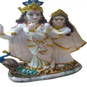 White and Gold Radha Krishna Idol with Peacock – Marble Dust Krishna and Radha Statue for Home Décor