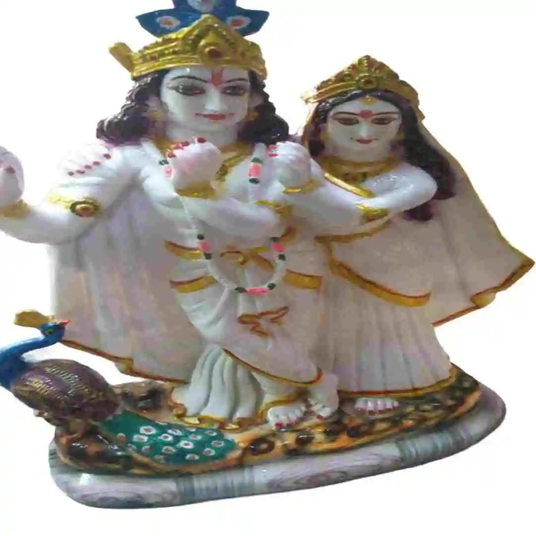 White and Gold Radha Krishna Idol with Peacock – Marble Dust Krishna and Radha Statue for Home Décor
