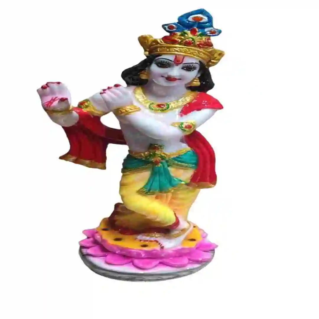 Flute Playing Lord Krishna Statue – Marble Dust Krishna Idol on Lotus Base for Home Temple
