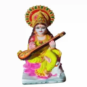 Saraswati Maa Idol in Yellow Dress Holding Veena – Marble Dust Moorti with Swan