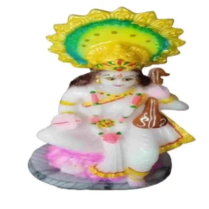 White Saraswati Mata Idol with Yellow Crown and Veena – Marble Dust Murti