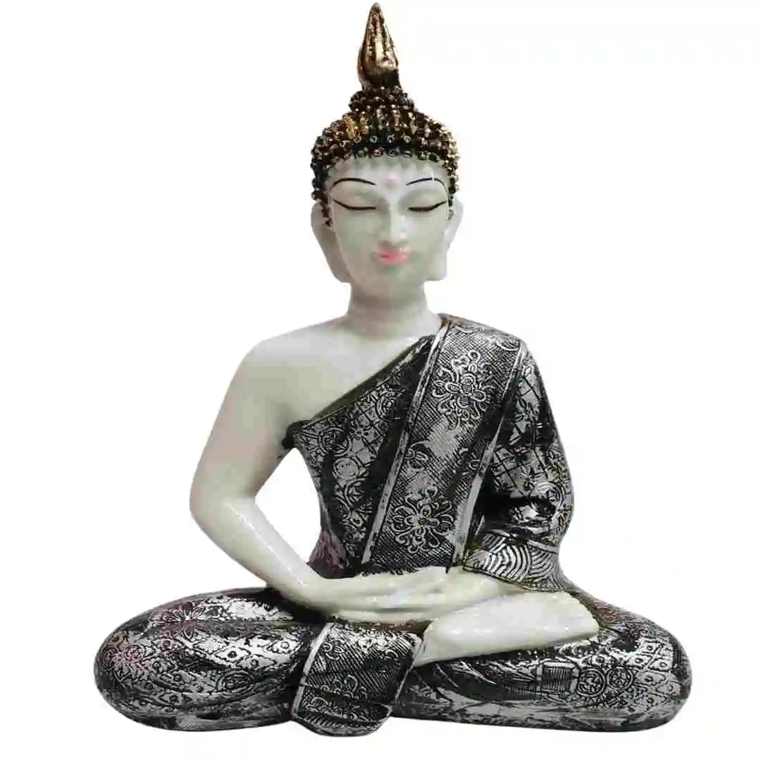 Black and silver meditating Buddha idol made from marble dust – spiritual home decor statue