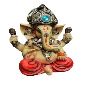 Medium royal Ganesha idol with crown in marble dust – Ganpati murti for home entrance and pooja decor