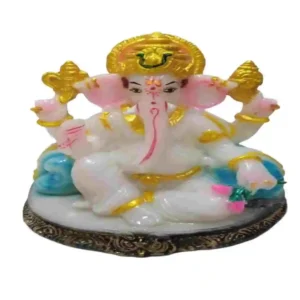 Medium white Ganesh idol in marble dust with golden crown and ornaments – perfect for pooja room or home entrance