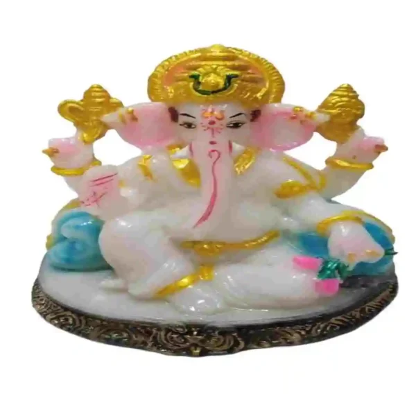 Medium white Ganesh idol in marble dust with golden crown and ornaments – perfect for pooja room or home entrance
