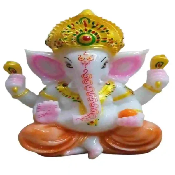 Medium white Ganesha idol with vibrant crown and ornaments – marble dust Ganpati murti for home and pooja room