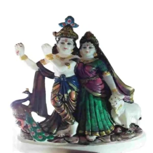 Radha Krishna Idol with Cow and Peacock – Marble Dust Handcrafted Statue