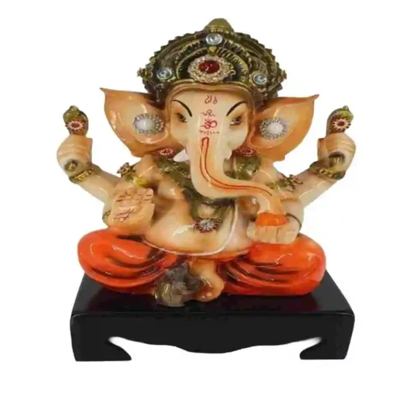 Royal Ganesh murti made of marble dust with orange attire and wooden base – elegant ganpati idol for home decor