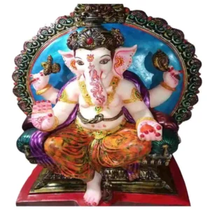 Singhasan Ganesh Murti in marble dust with colorful throne – big Ganpati idol for home entrance