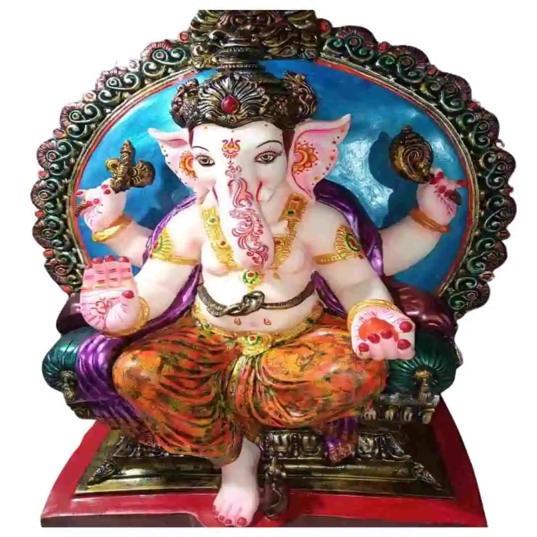 Singhasan Ganesh Murti in marble dust with colorful throne – big Ganpati idol for home entrance