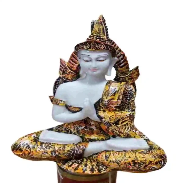 Colorful sitting Buddha idol in Namaste pose made from marble dust – spiritual decor statue for home and gifting