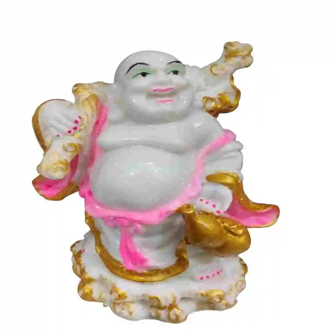 White Laughing Buddha statue made from marble dust with golden and pink details – perfect Buddha idol for home decor and gifting