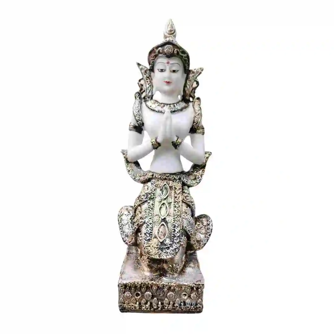 White standing Buddha statue made of marble dust with silver detailing – decorative Buddha idol for home decor and gifting