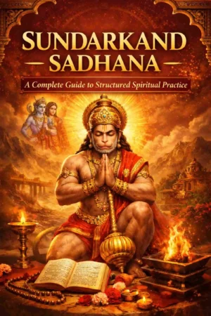 Sundarkand Sadhana ebook cover featuring Lord Hanuman performing puja with Ram and Sita background