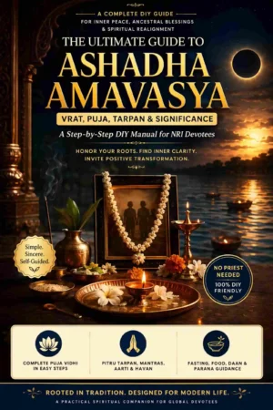 Ashadha Amavasya Vrat DIY Puja Guide ebook cover with diya, pitru tarpan setup and spiritual ritual elements