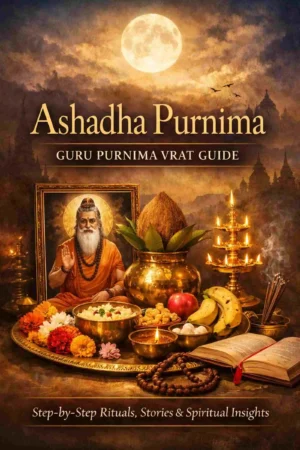Ashadha Purnima Guru Purnima Puja Guide Ebook Cover with Diya, Prasad and Spiritual Setup