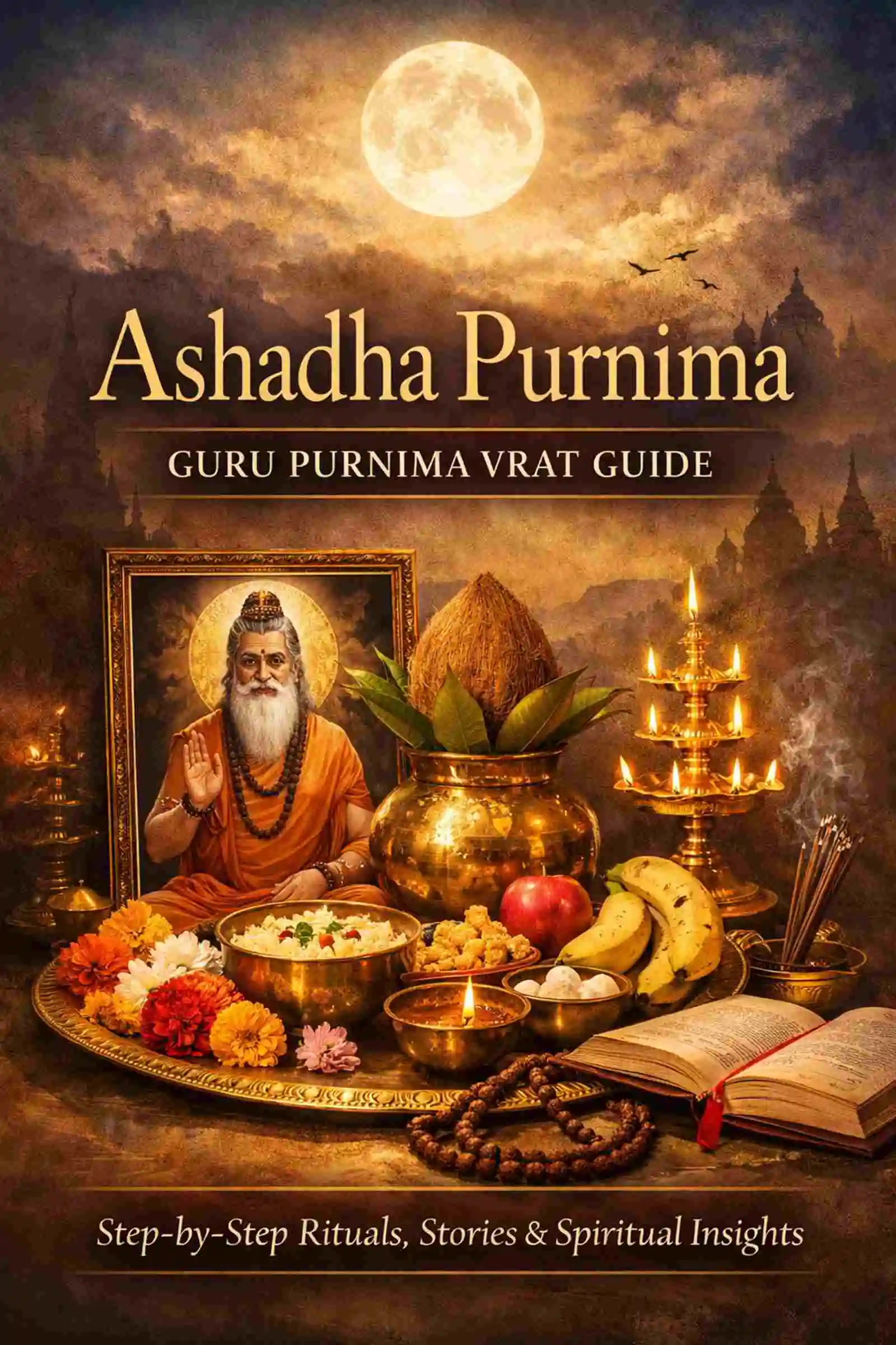 Ashadha Purnima Guru Purnima Puja Guide Ebook Cover with Diya, Prasad and Spiritual Setup