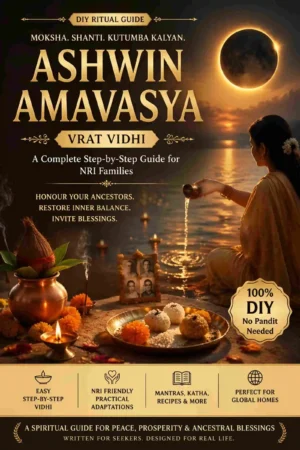 Ashwin Amavasya Vrat DIY Puja Guide ebook cover with Pitru Tarpan ritual, diya, pind daan and ancestral offering setup