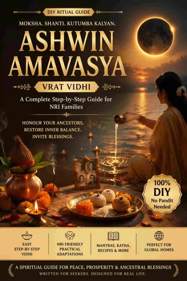 Ashwin Amavasya Vrat DIY Puja Guide ebook cover with Pitru Tarpan ritual, diya, pind daan and ancestral offering setup