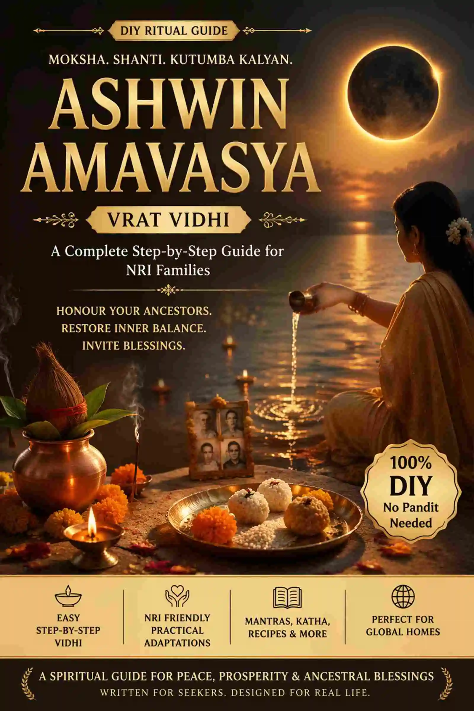 Ashwin Amavasya Vrat DIY Puja Guide ebook cover with Pitru Tarpan ritual, diya, pind daan and ancestral offering setup