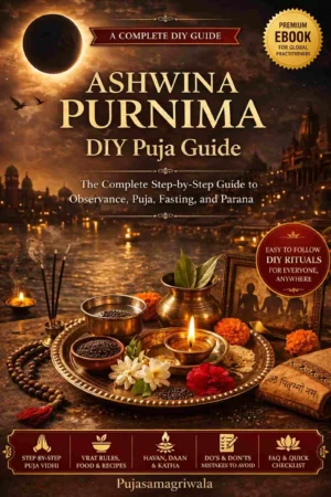 Ashwina Purnima Vrat Puja Vidhi DIY Guide ebook cover with puja thali, diya, and moonlight theme