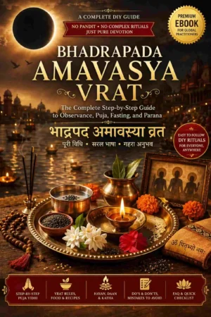 Bhadrapada Amavasya Vrat DIY Puja Guide ebook cover with puja thali, diya and samagri