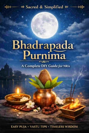 Bhadrapada Purnima Vrat Puja Vidhi DIY Guide ebook cover with diya and kalash