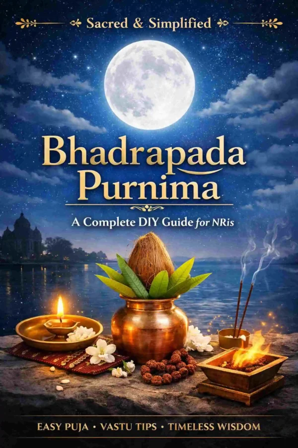 Bhadrapada Purnima Vrat Puja Vidhi DIY Guide ebook cover with diya and kalash