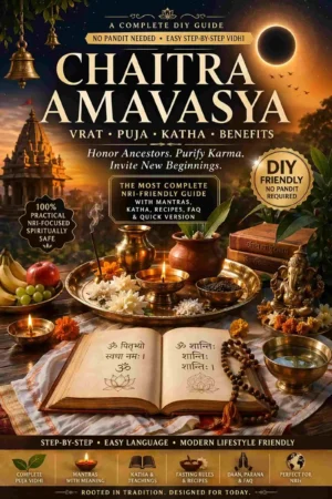 Chaitra Amavasya Vrat DIY Puja Guide cover with diya, kalash and puja setup for Pitru Shanti