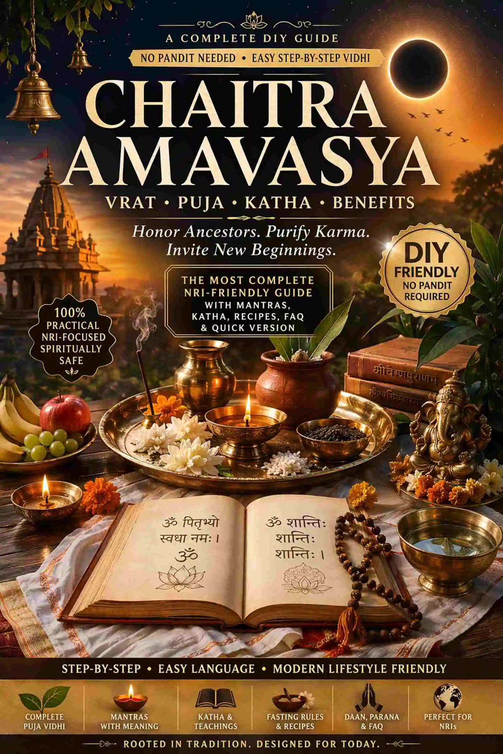 Chaitra Amavasya Vrat DIY Puja Guide cover with diya, kalash and puja setup for Pitru Shanti