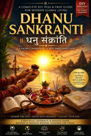 Dhanu Sankranti Vrat Puja DIY Guide ebook cover with Surya Arghya, diya, and ritual setup