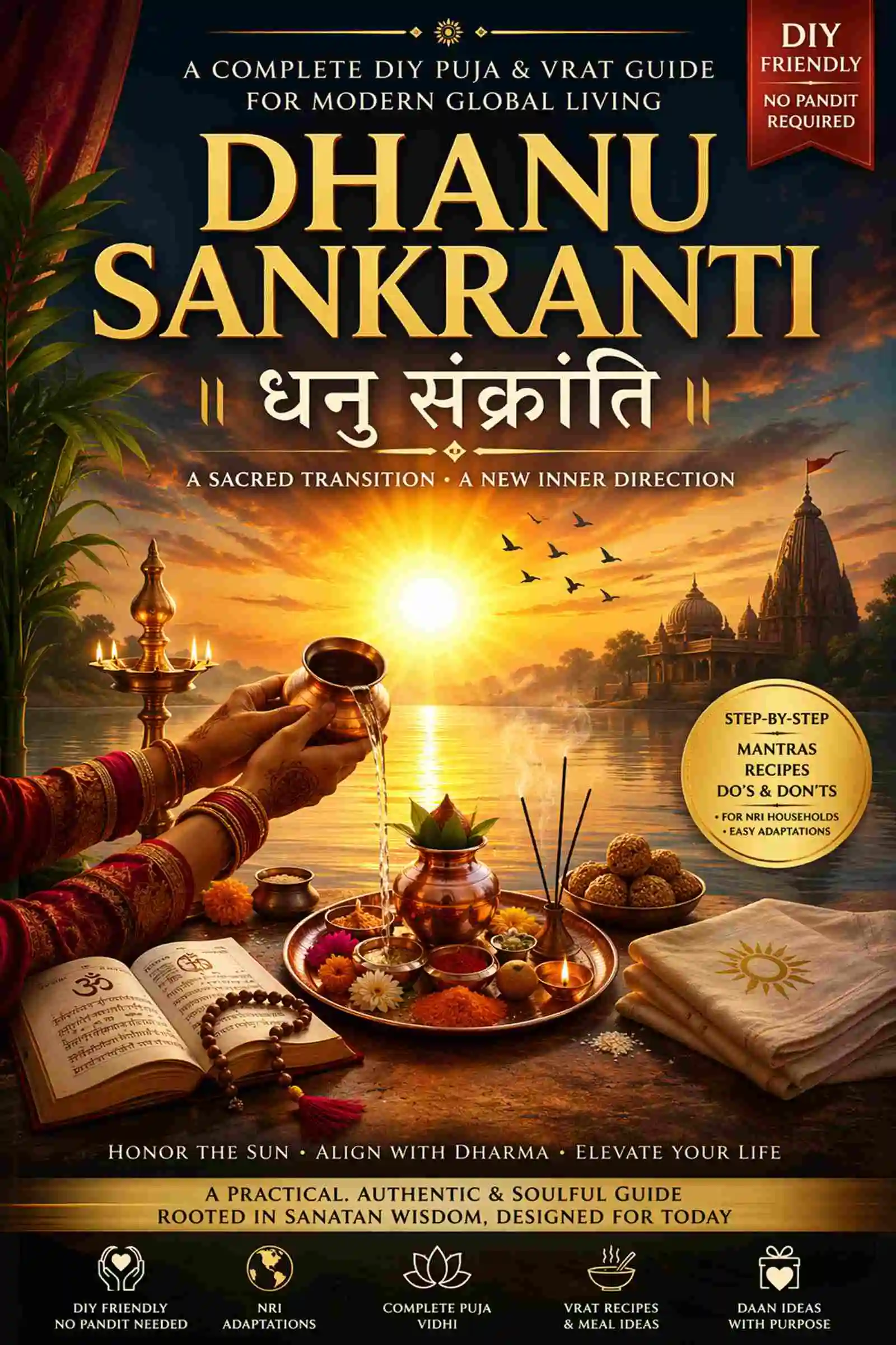 Dhanu Sankranti Vrat Puja DIY Guide ebook cover with Surya Arghya, diya, and ritual setup