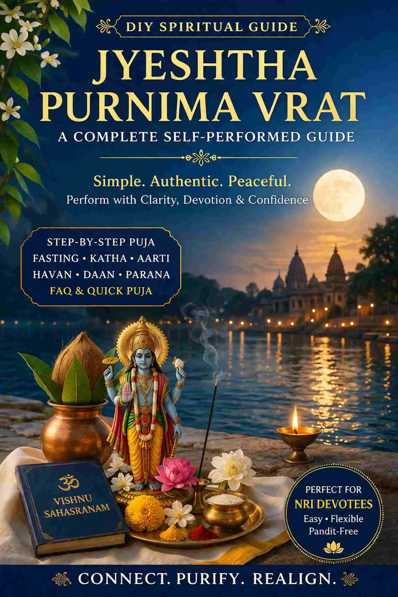 Jyeshtha Purnima Vrat Puja Vidhi DIY Guide eBook Cover with Vishnu Puja Setup