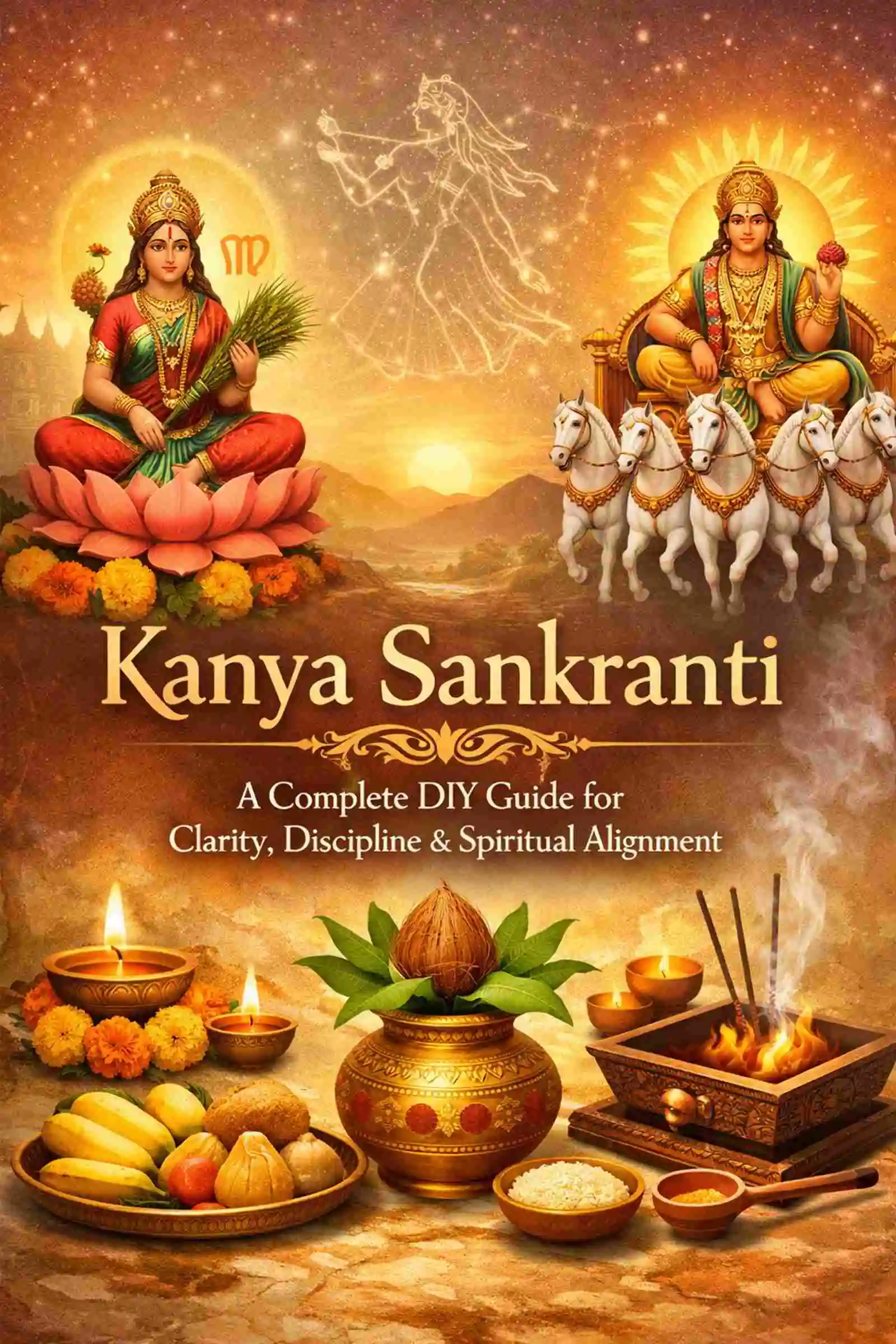 Kanya Sankranti Vrat Puja DIY Guide ebook cover with Surya Dev and puja samagri