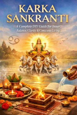 Karka Sankranti Vrat Puja DIY Guide ebook cover with Surya dev, havan kund, kalash and puja samagri