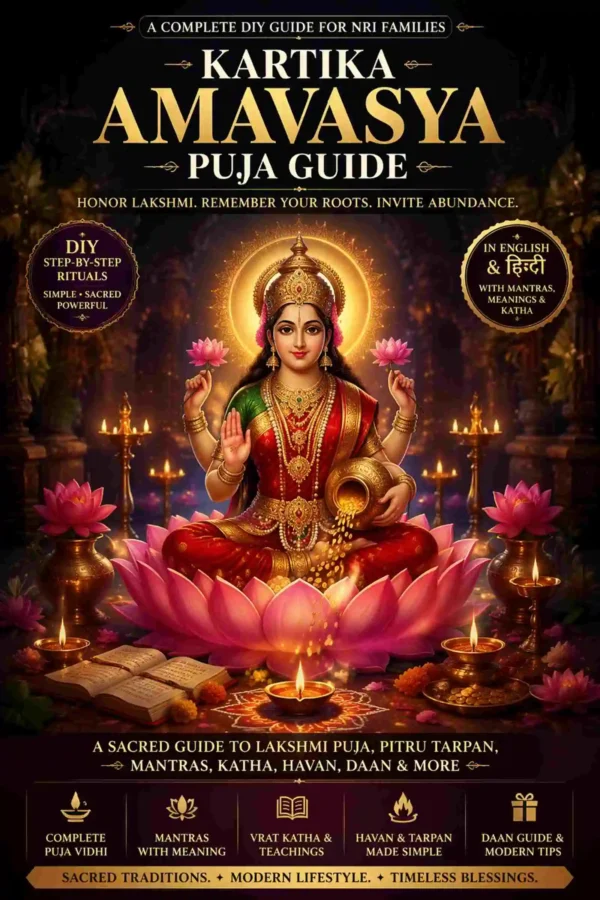 Kartika Amavasya Vrat Puja Guide Ebook Kartika Amavasya Vrat DIY Puja Guide ebook cover with Goddess Lakshmi, Lakshmi Puja, Pitru Tarpan, Mantra, Katha and Havan guide in English and Hindi