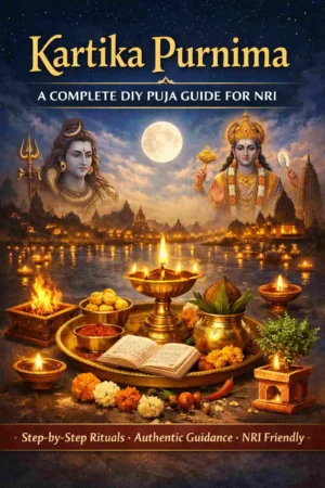 Kartika Purnima Puja Setup with diya, kalash, prasad and full moon spiritual background