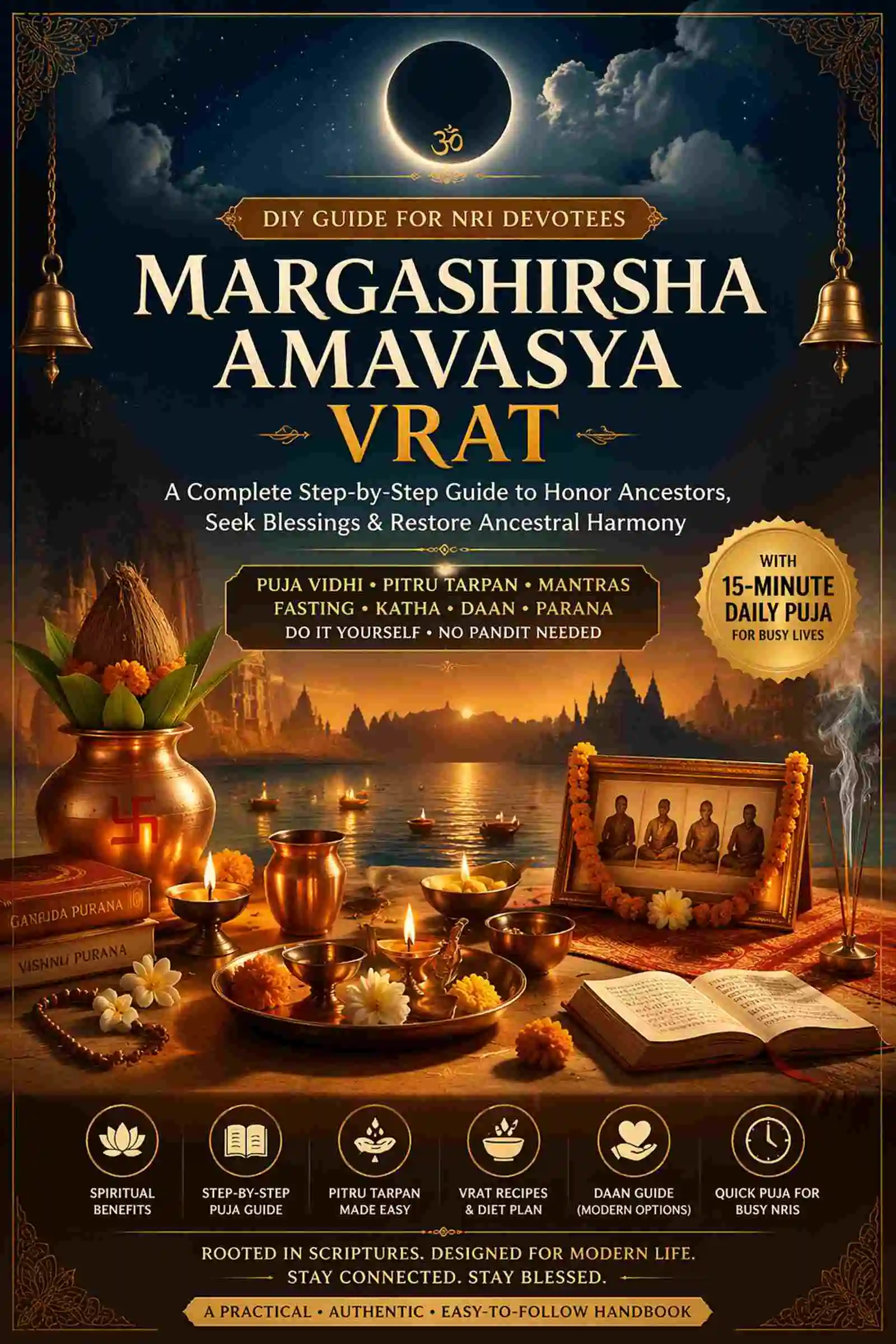 Margashirsha Amavasya Vrat DIY Puja Guide ebook cover with pitru tarpan, diya, kalash and spiritual setup