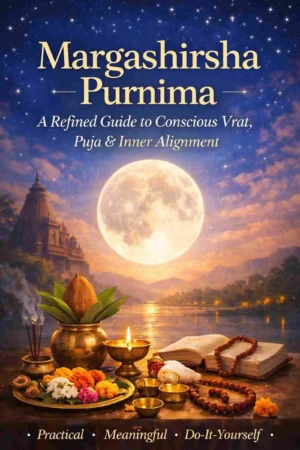 Margashirsha Purnima vrat puja vidhi DIY guide ebook cover with full moon, diya, kalash and puja setup