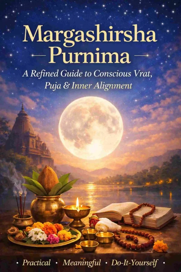 Margashirsha Purnima vrat puja vidhi DIY guide ebook cover with full moon, diya, kalash and puja setup