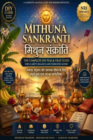 Mithuna Sankranti DIY Puja Vrat Guide ebook cover with Surya, rituals and Sanatan elements